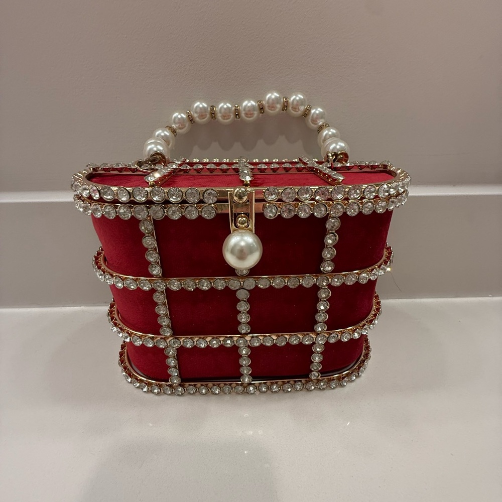 Elegant Red Pearl-Embellished Handbag